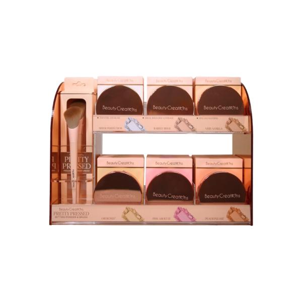 EXHIBIDOR PRETTY PRESSED SETTING POWDER DISPLAY 6PCSX 6 COLORS =36PCS + 6 TESTER GRATIS PLUS 6 BROCHAS GRATIS W-ACRYLIC BEAUTY CREATIONS